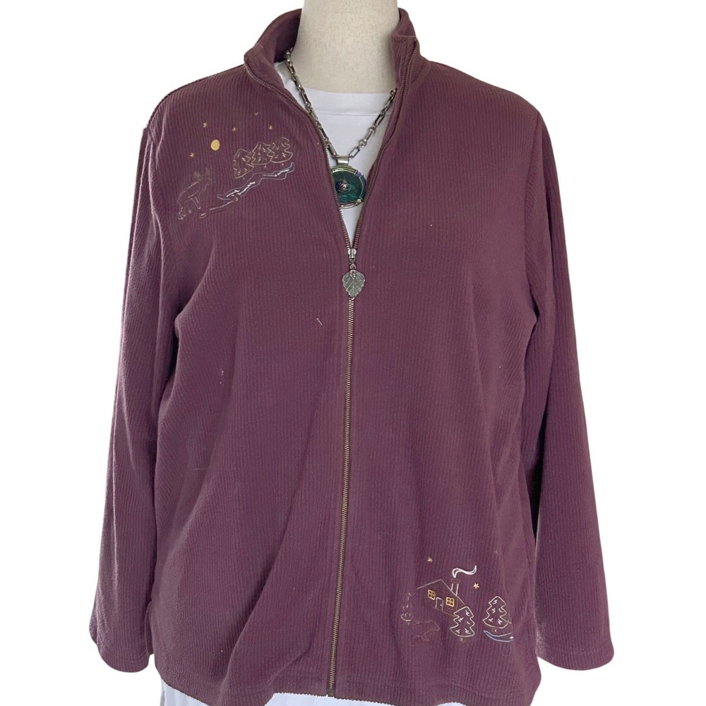 Vintage Y2K Fleece Jacket Womens 1X Purple Embroidered Cabin Moose Gorpcore